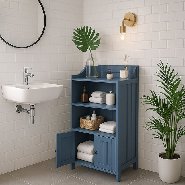 Meuble de salle de bain avec 3 étagères ouvertes et 2 portes