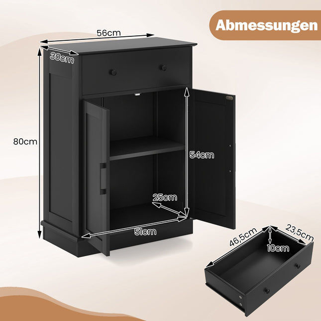 Badezimmerschrank mit Schublade, verstellbarem Regal, 56x30x80cm, Schwarz