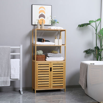 Meuble de salle de bain avec portes persiennes, bois de bambou, naturel