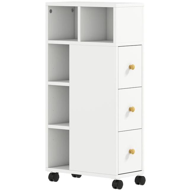 Meuble de salle de bain à roulettes, 3 tiroirs, 5 étagères, blanc