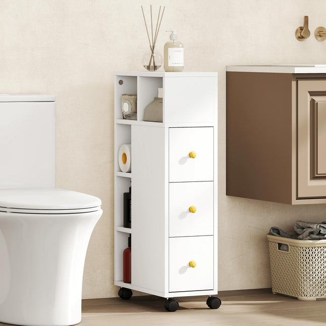 Meuble de salle de bain à roulettes, 3 tiroirs, 5 étagères, blanc
