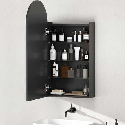 Armoire de toilette avec miroir, sans cadre, en forme d'arche, étagères réglables, noire