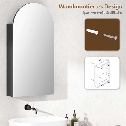 Armoire de toilette avec miroir, sans cadre, en forme d'arche, étagères réglables, noire