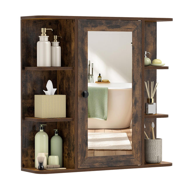 Armoire de salle de bain avec miroir, 3 étagères et 6 compartiments ouverts