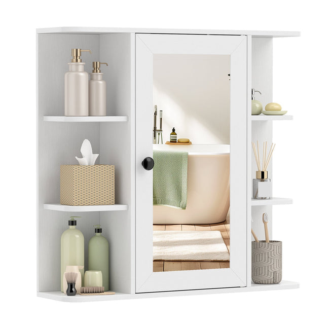 Armoire de salle de bain avec miroir, 3 étagères et 6 compartiments ouverts