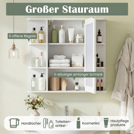 Armoire de salle de bain avec miroir, 3 étagères et 6 compartiments ouverts