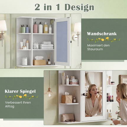 Armoire de salle de bain avec miroir, 3 étagères et 6 compartiments ouverts