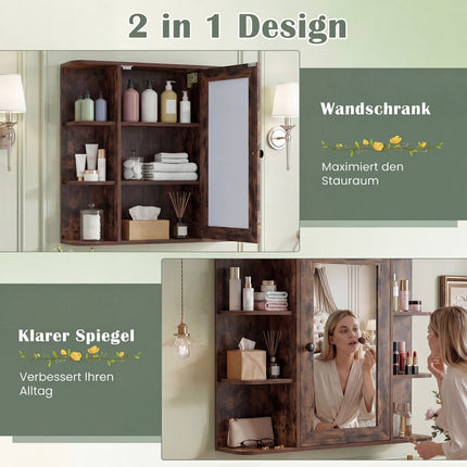 Armoire de salle de bain avec miroir, 3 étagères et 6 compartiments ouverts