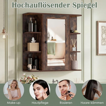 Armoire de salle de bain avec miroir, 3 étagères et 6 compartiments ouverts