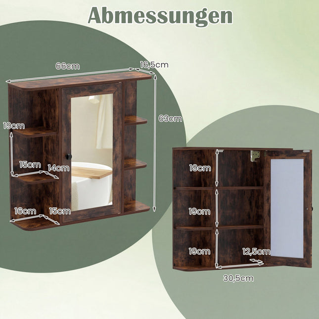 Armoire de salle de bain avec miroir, 3 étagères et 6 compartiments ouverts