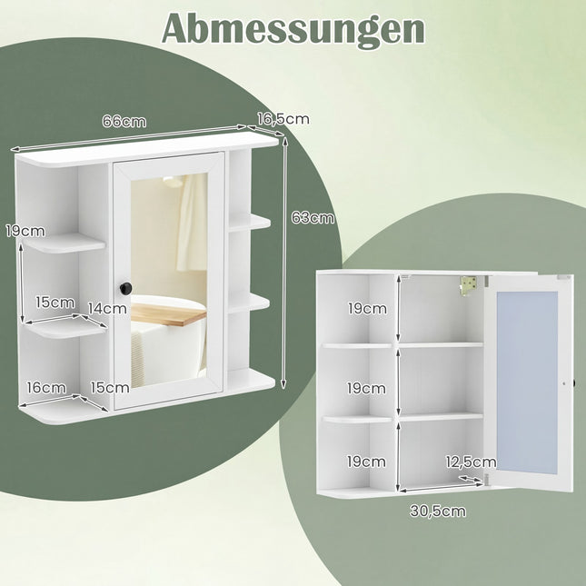 Armoire de salle de bain avec miroir, 3 étagères et 6 compartiments ouverts