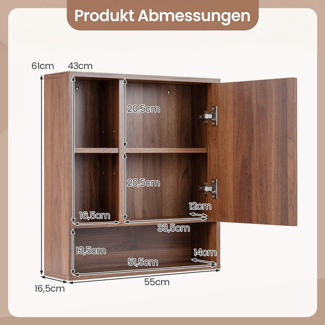 Badezimmerspiegelschrank mit verstellbaren Einlegeböden, Braun, 55x16x61 cm