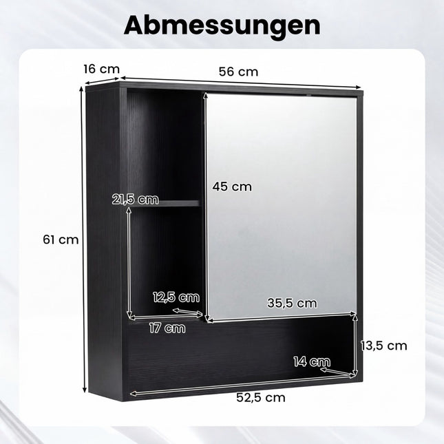Badezimmerspiegelschrank mit Tür & 3 offenen Regalfächern, Schwarz