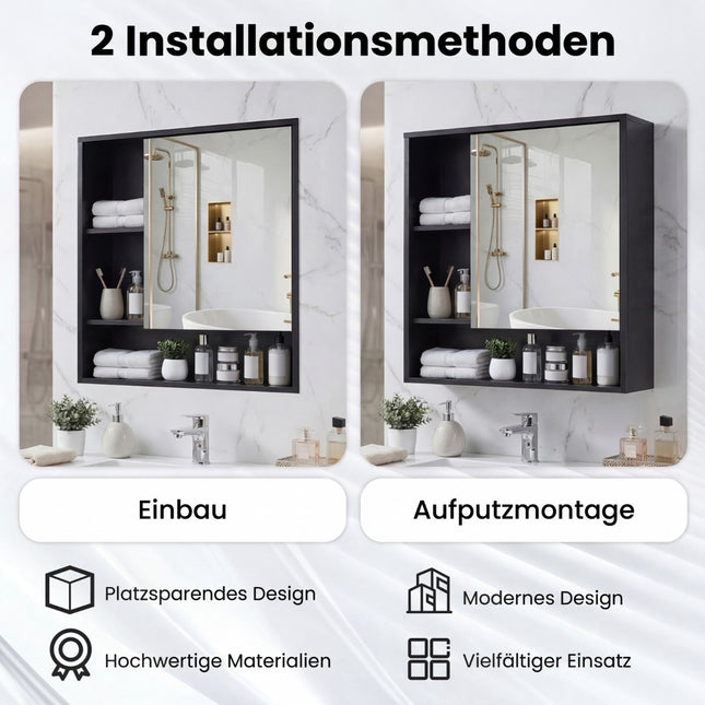 Badezimmerspiegelschrank mit Tür & 3 offenen Regalfächern, Schwarz