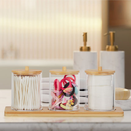 Ensemble de rangement de salle de bain avec plateau et couvercles en bambou