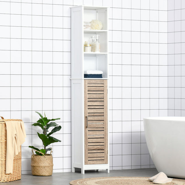 Hoher, weißer Badezimmerschrank – freistehend, verstellbare Einlegeböden