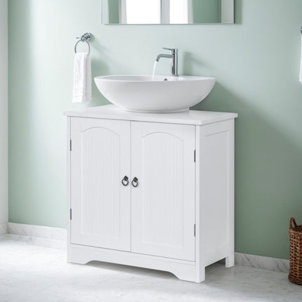 Meuble sous-vasque de salle de bain avec étagère et découpe pour siphon