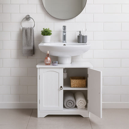 Meuble sous-vasque de salle de bain avec étagère et découpe pour siphon