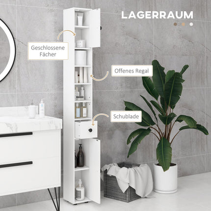 Meuble de salle de bain, 4 étagères, tiroir, aggloméré, design fin, blanc