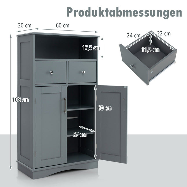 Badezimmerschrank mit 2 Schubladen &amp; 2 Türen &amp; verstellbarem Regal Seitenschrank grau