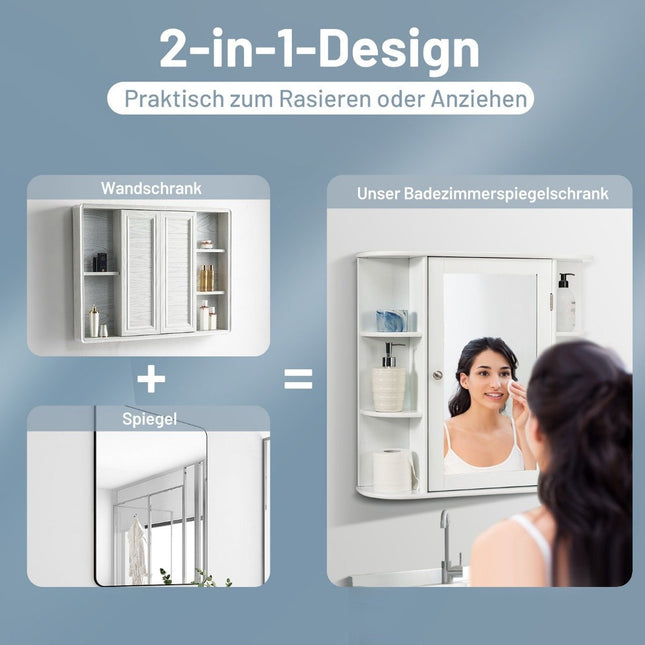 Meuble de Salle de Bain avec Miroir, 4 Compartiments et 6 étagères Ouvertes, Meuble de Salle de Bain, Armoire à Miroir, Armoire Murale, Blanc, 65 x 17 x 63 cm