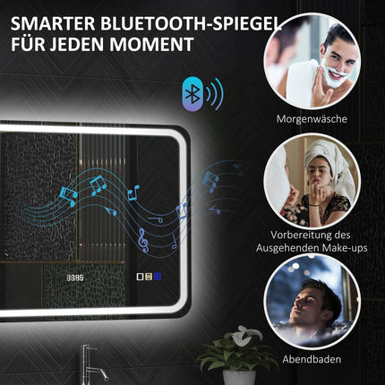 Badezimmerspiegel mit LED-Beleuchtung, Antibeschlag, 3 einstellbare Farben, Uhr, 700 x 900 mm, Silber