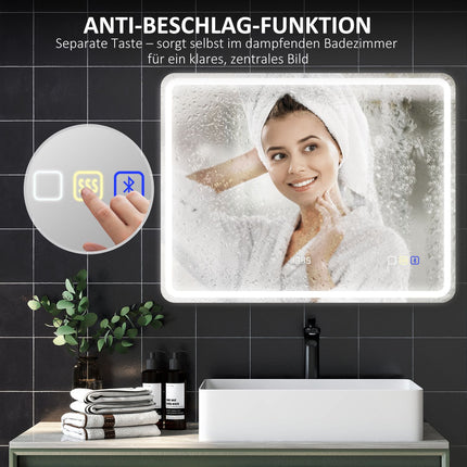 Badezimmerspiegel mit LED-Beleuchtung, Antibeschlag, 3 einstellbare Farben, Uhr, 700 x 900 mm, Silber