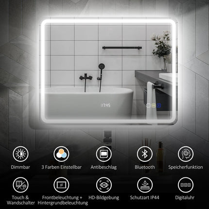 Badezimmerspiegel mit LED-Beleuchtung, Antibeschlag, 3 einstellbare Farben, Uhr, 700 x 900 mm, Silber