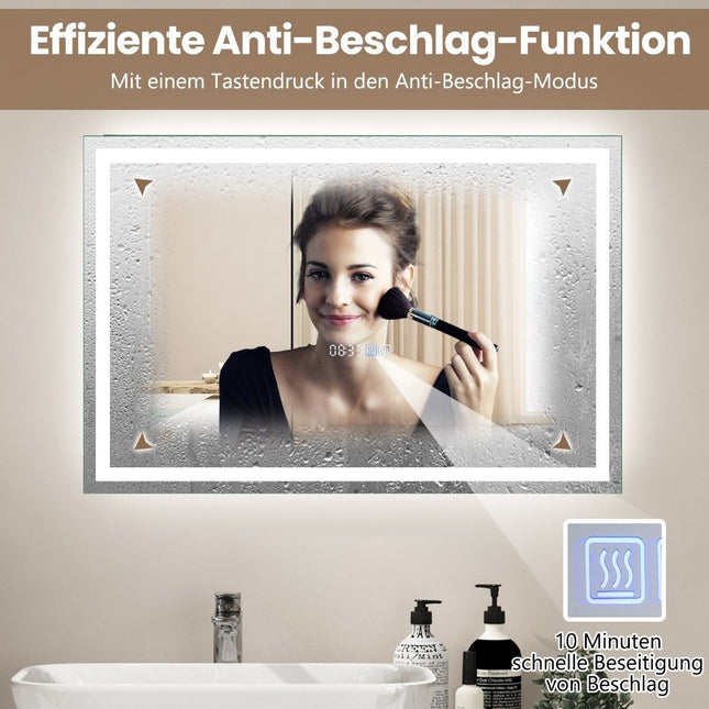 Badezimmerspiegel mit Antibeschlag Uhr Touchschalter &amp; Memoryfunktion Spiegelheizung LED Spiegel dimmbar 3000K-6000K 75 x 50 cm