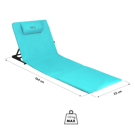 Tapis de plage avec dossier réglable sur 4 positions et coussin, turquoise