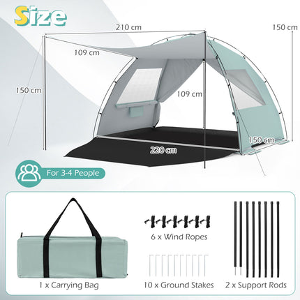 Abri de plage avec tente et protection solaire UPF50+, 3-4 personnes, fond allongé