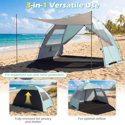 Abri de plage avec tente et protection solaire UPF50+, 3-4 personnes, fond allongé