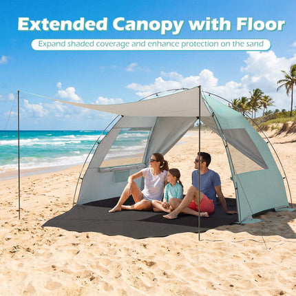 Abri de plage avec tente et protection solaire UPF50+, 3-4 personnes, fond allongé