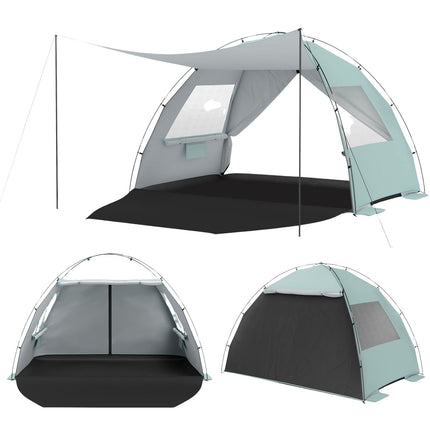 Abri de plage avec tente et protection solaire UPF50+, 3-4 personnes, fond allongé