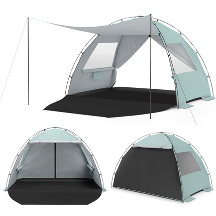 Abri de plage avec tente et protection solaire UPF50+, 3-4 personnes, fond allongé