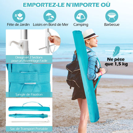 Parasol de plage 198 cm, inclinaison par bouton-poussoir, sac d'ancrage pour le sable
