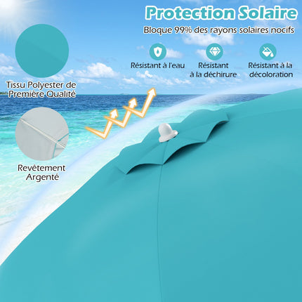 Parasol de plage 198 cm, inclinaison par bouton-poussoir, sac d'ancrage pour le sable