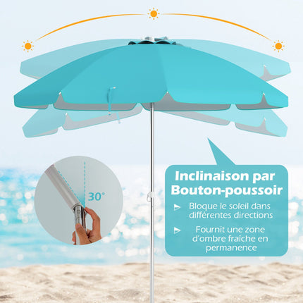 Parasol de plage 198 cm, inclinaison par bouton-poussoir, sac d'ancrage pour le sable