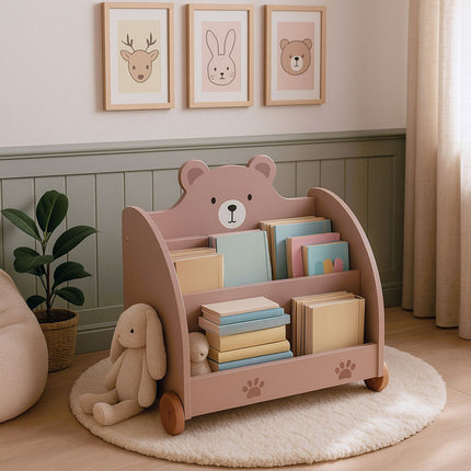 Bücherregal für Kinder im Bären-Design mit Rollen und Stauraum