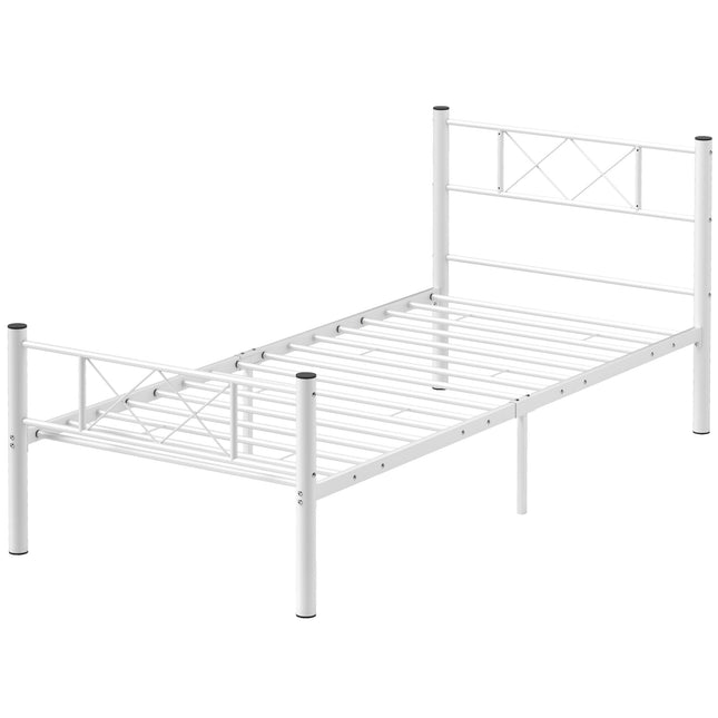 Cadre de lit pour matelas 200 x 90 cm, cadre de lit 88 cm de haut, cadre de lit simple en acier, pour chambre à coucher, chambre d'amis, blanc