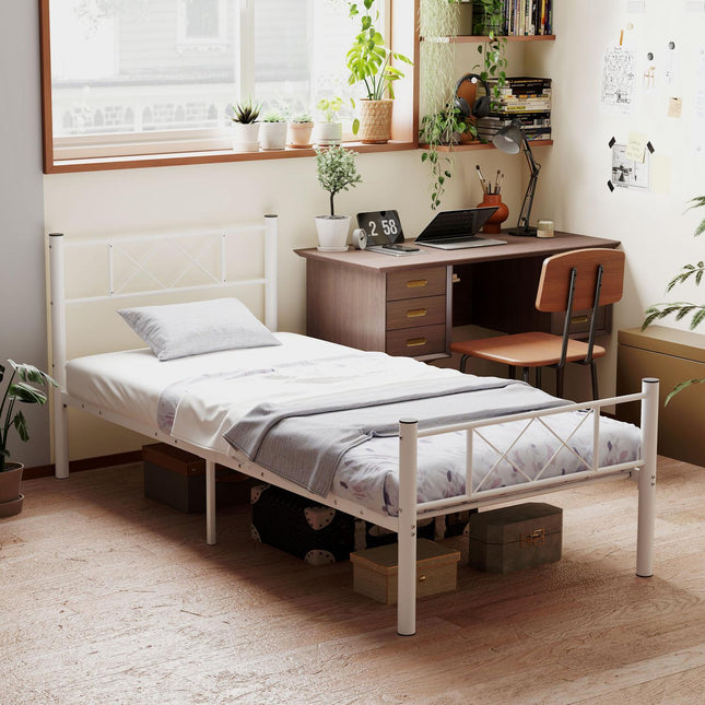 Cadre de lit pour matelas 200 x 90 cm, cadre de lit 88 cm de haut, cadre de lit simple en acier, pour chambre à coucher, chambre d'amis, blanc