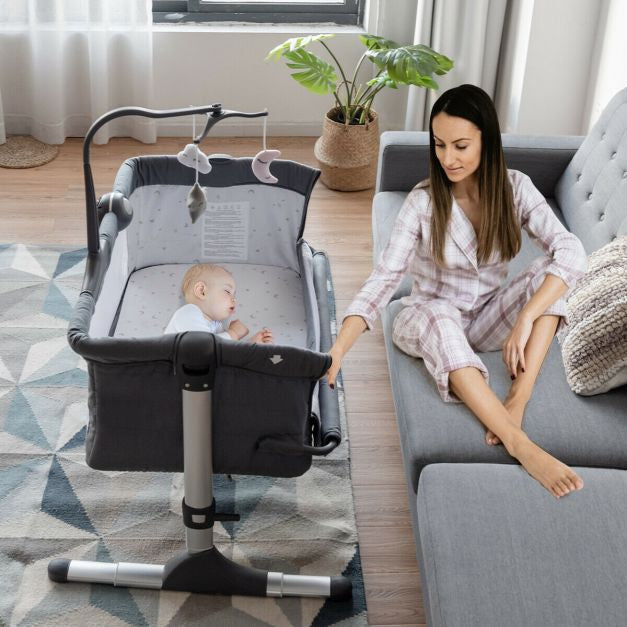 Berceau de chevet pliable, hauteur réglable, jouets, gris foncé