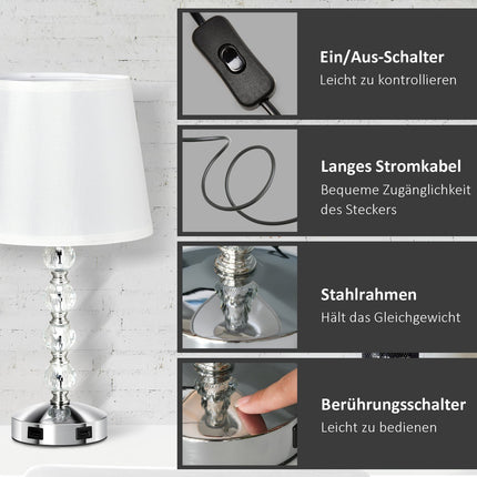 Kristall-Tischlampe mit USB, Touch-Sensor, E27, Weiß/Silber