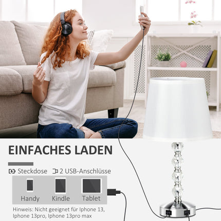 Kristall-Tischlampe mit USB, Touch-Sensor, E27, Weiß/Silber