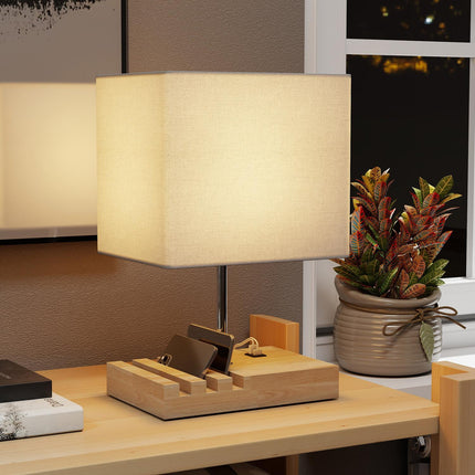 Nachttischlampe mit USB-Anschlüssen, Holz und Stoff, Weiß