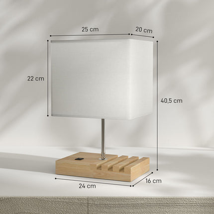 Nachttischlampe mit USB-Anschlüssen, Holz und Stoff, Weiß