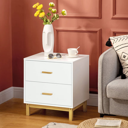 Table De Chevet Commode De Nuit Avec 2 Tiroirs, Poignée, Table D'Appoint, 50X40X55Cm, Blanc