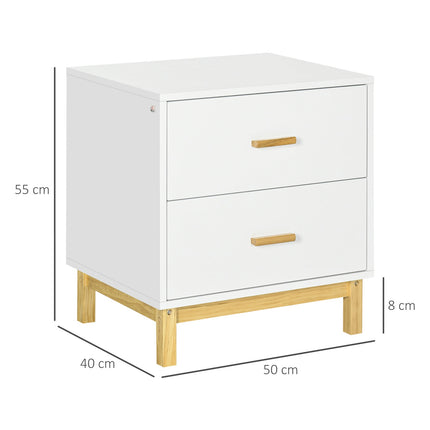 Table De Chevet Commode De Nuit Avec 2 Tiroirs, Poignée, Table D'Appoint, 50X40X55Cm, Blanc