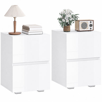 Bedside Tables Set of 2 with 2 Drawers, High-Gloss Fronts, White