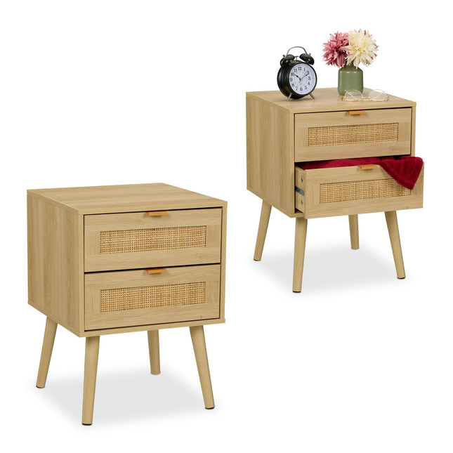 Table de chevet avec 2 tiroirs en rotin imitation bois